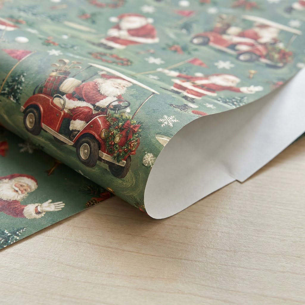 Green golf-themed Christmas wrapping paper with Santa swinging, a red golf cart, flags, balls, pine trees, wreaths and s