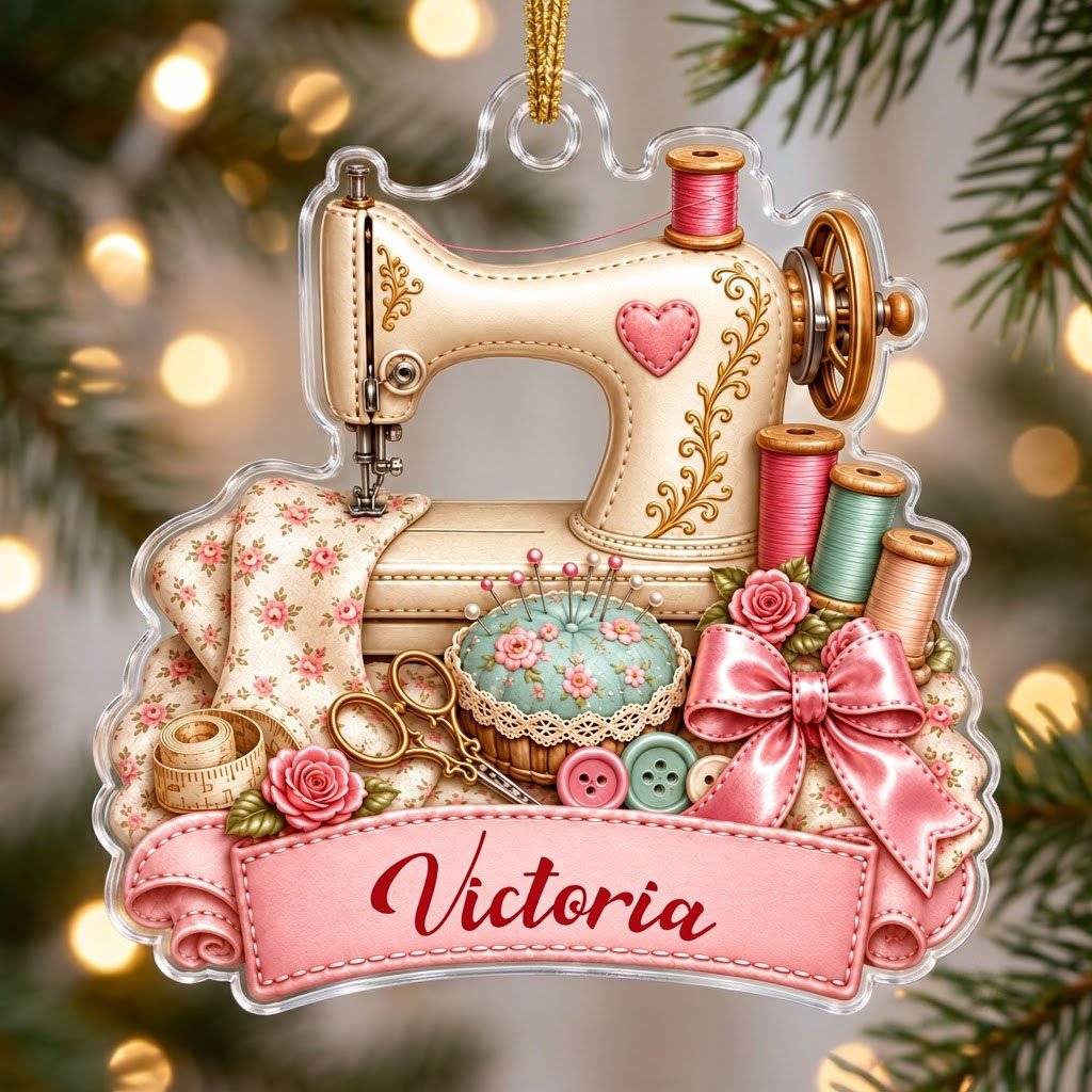 Custom-cut acrylic ornament with vintage cream sewing machine, pink banner, roses, thread spools and scissors.