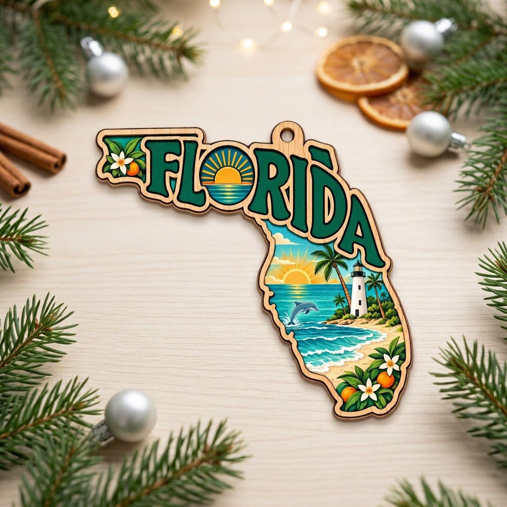 Florida state wood ornament with "FLORIDA", beach waves, dolphin, lighthouse, palm trees, and orange blossoms.