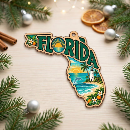 Florida state wood ornament with "FLORIDA", beach waves, dolphin, lighthouse, palm trees, and orange blossoms.