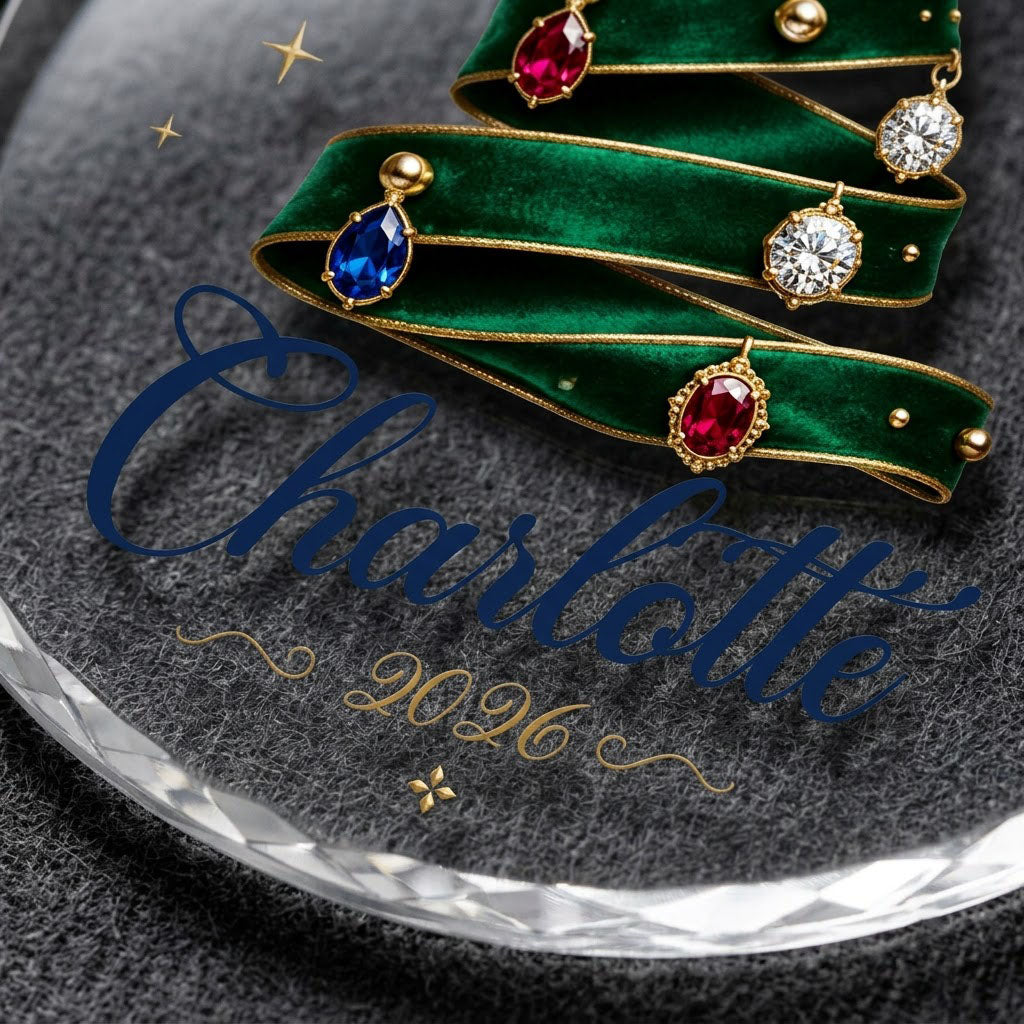 Round glass ornament with emerald ribbon tree, gold star and gem ornaments, personalized with name and year.