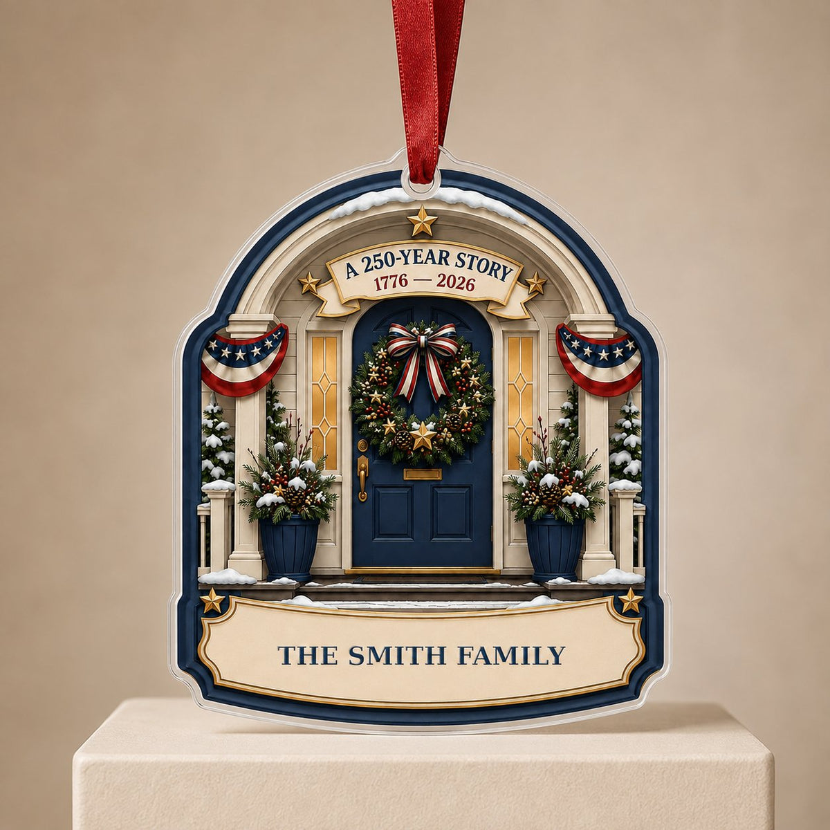 Personalized America 250th Anniversary Front Porch Acrylic Ornament, Custom Patriotic Keepsake
