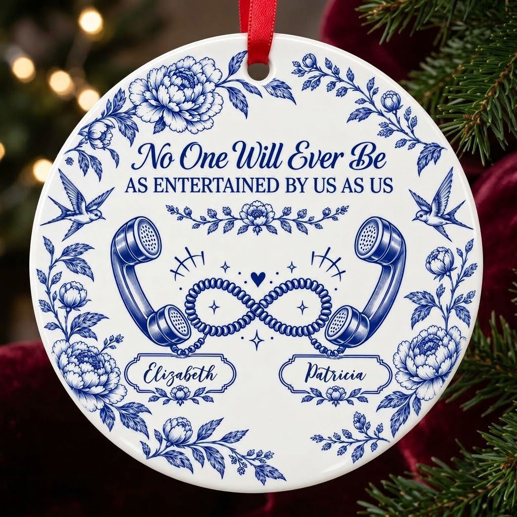 Blue toile round ornament with crown, swallows, vintage phones in an infinity and two name banners
