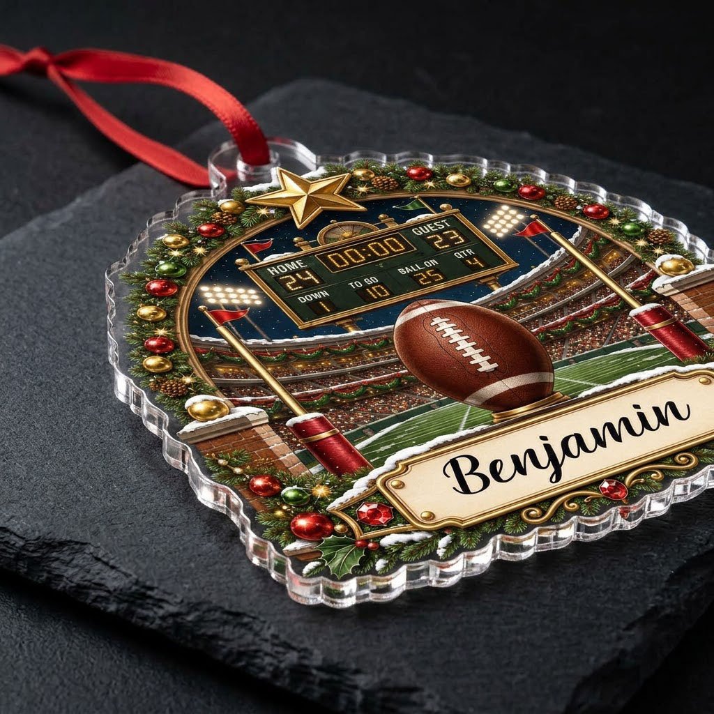 Acrylic ornament with football on a tee, stadium scoreboard, and pine garland border with a name banner.