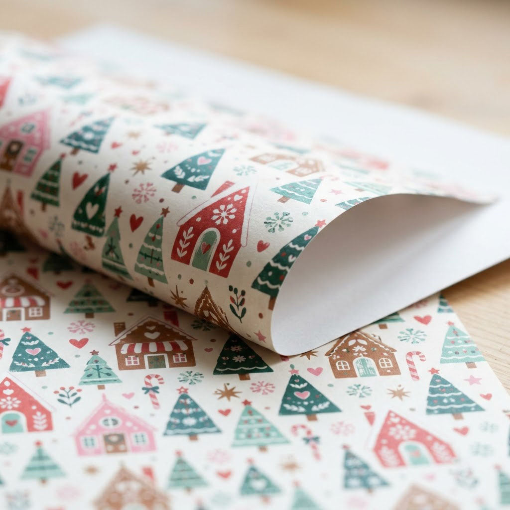 Cream wrapping paper with repeating gingerbread houses, green trees, candy canes, hearts, stars and snowflakes.