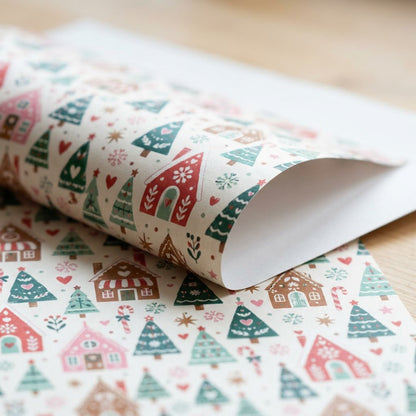 Cream wrapping paper with repeating gingerbread houses, green trees, candy canes, hearts, stars and snowflakes.