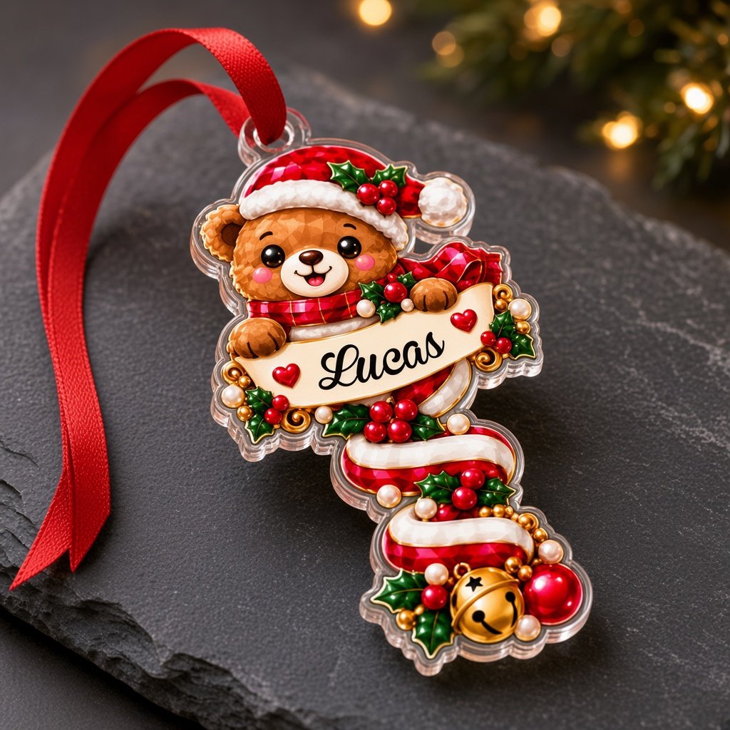 Custom-cut acrylic ornament with Santa or penguin holding a name banner on a red-and-white candy cane.