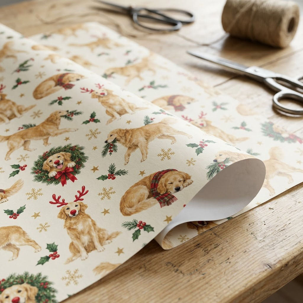 Cream wrapping paper with Golden Retriever dogs in antlers and scarves, wreaths, holly, snowflakes and stars.