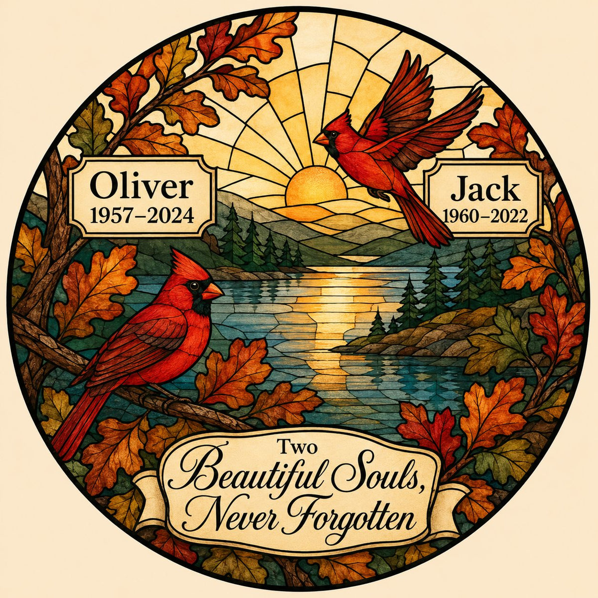 Two red cardinals with a glowing sun over a mountain lake and pine trees, framed by autumn oak leaves on a round suncatc