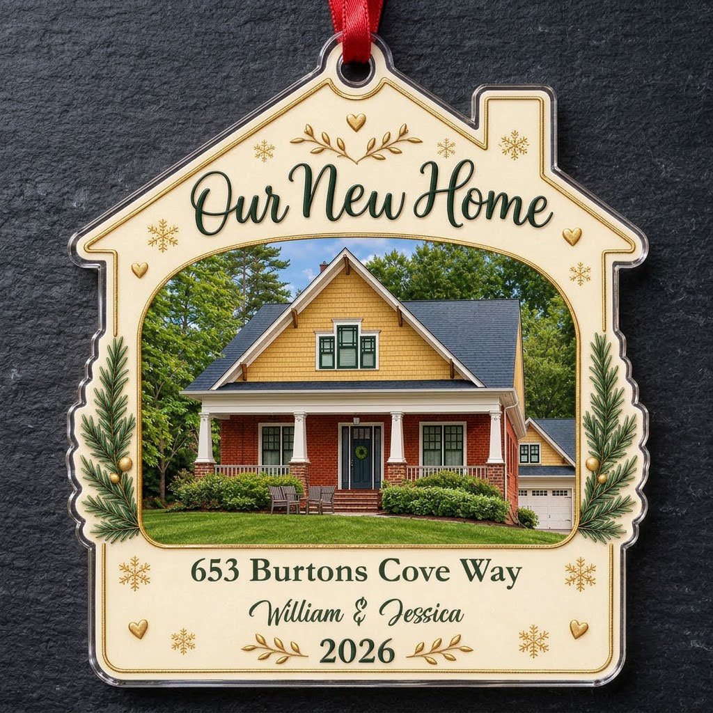 House-shaped acrylic ornament with “Our New Home”, a house photo frame, pine boughs, gold hearts and snowflakes.