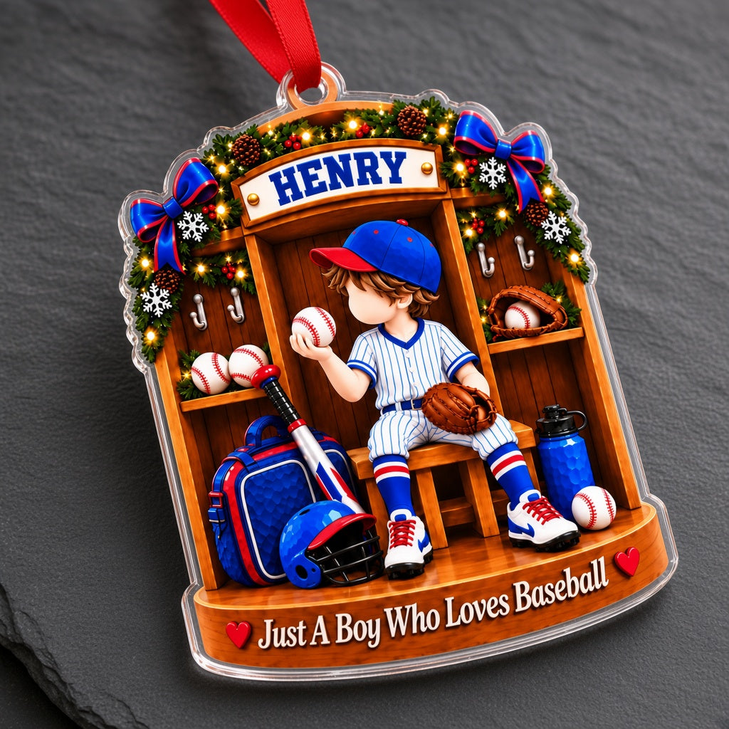 Acrylic ornament showing a boy in a blue pinstriped baseball uniform inside a garland-decorated wooden locker.