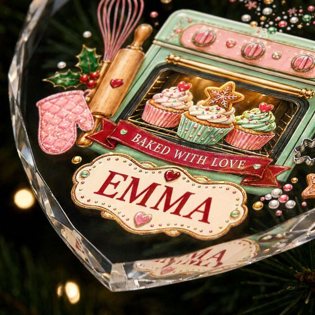 Heart suncatcher with mint-green oven, cupcakes, baking tools, holly, and Sweet Christmas Memories text