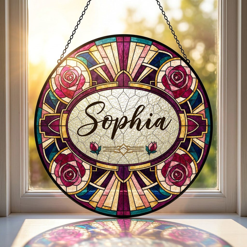 Round stained glass-style suncatcher with red and pink roses, a cream oval name panel, and black leaded lines.