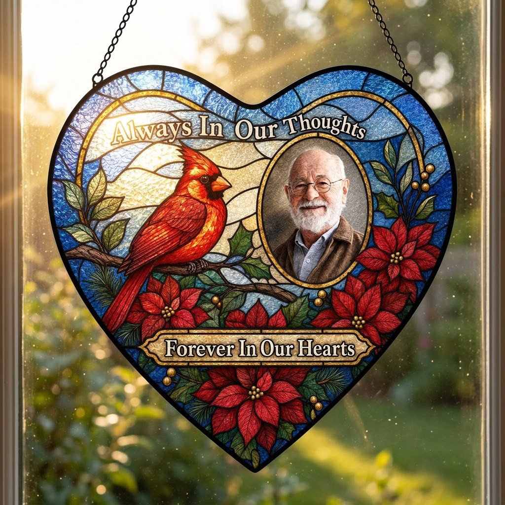 Heart stained glass suncatcher with red cardinal, oval memorial photo frame, and red poinsettias with green leaves.