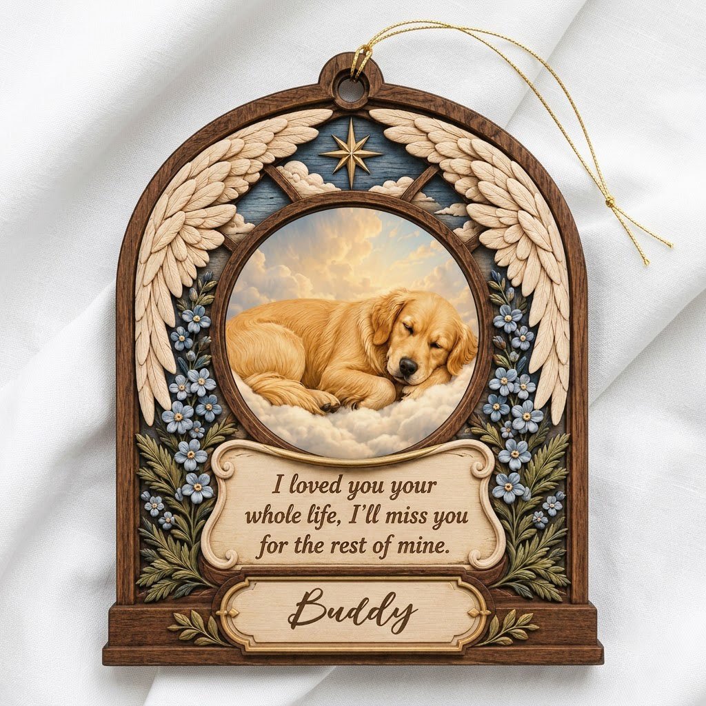 Arch wood ornament with angel wings, star, forget-me-not flowers, and a circular pet photo slot in the center.