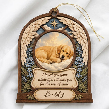 Arch wood ornament with angel wings, star, forget-me-not flowers, and a circular pet photo slot in the center.