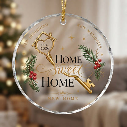Personalized Home Sweet Home Golden Key Round Glass Ornament