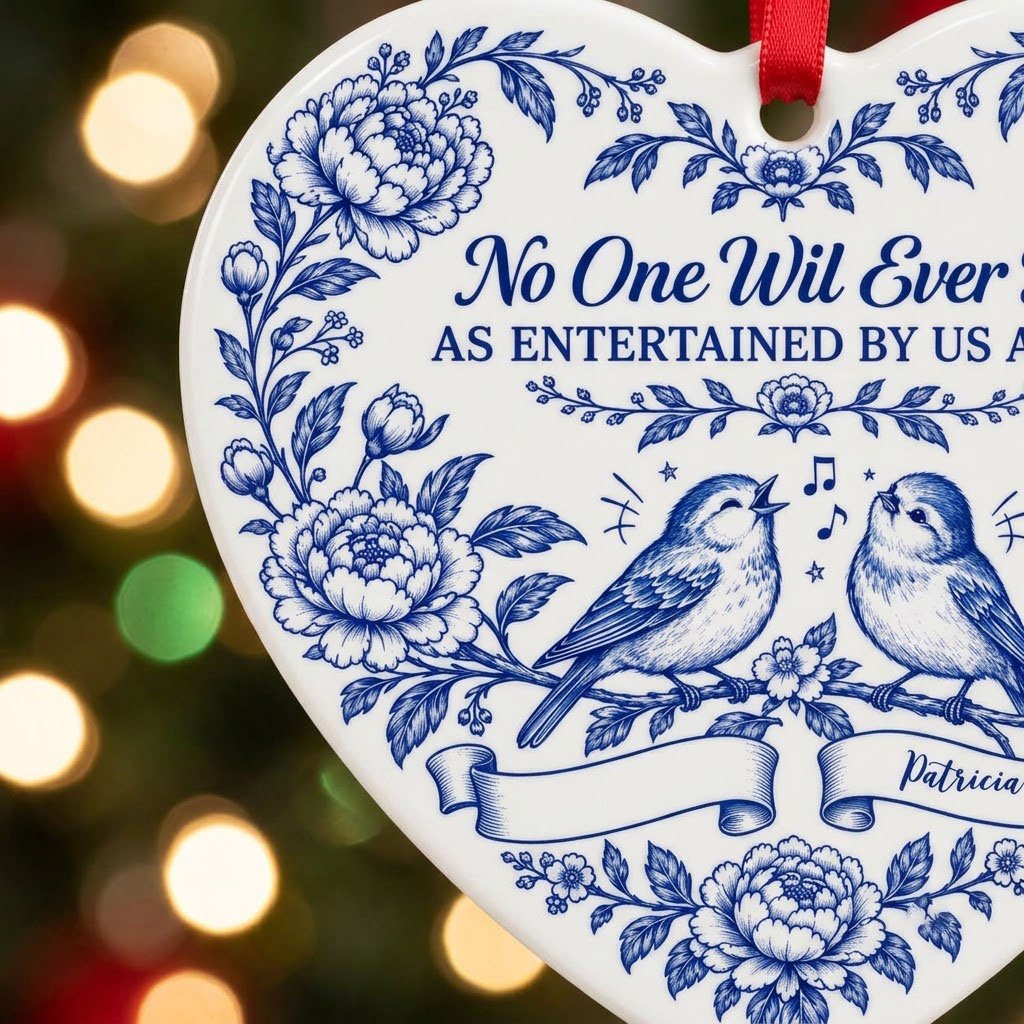 Heart ceramic ornament with Delft blue peonies, two birds on a branch, and a friendship quote in cobalt blue.