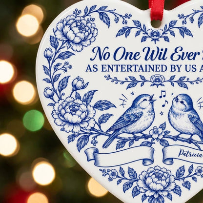 Heart ceramic ornament with Delft blue peonies, two birds on a branch, and a friendship quote in cobalt blue.
