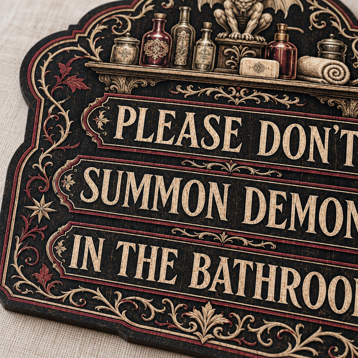 Ornate arched wooden sign with a gargoyle shelf and the message Please Don't Summon Demons in the Bathroom.