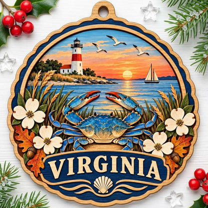 Scalloped wood ornament with blue crab, dogwood, lighthouse, sailboat, seagulls, and sunset over water with Virginia ban