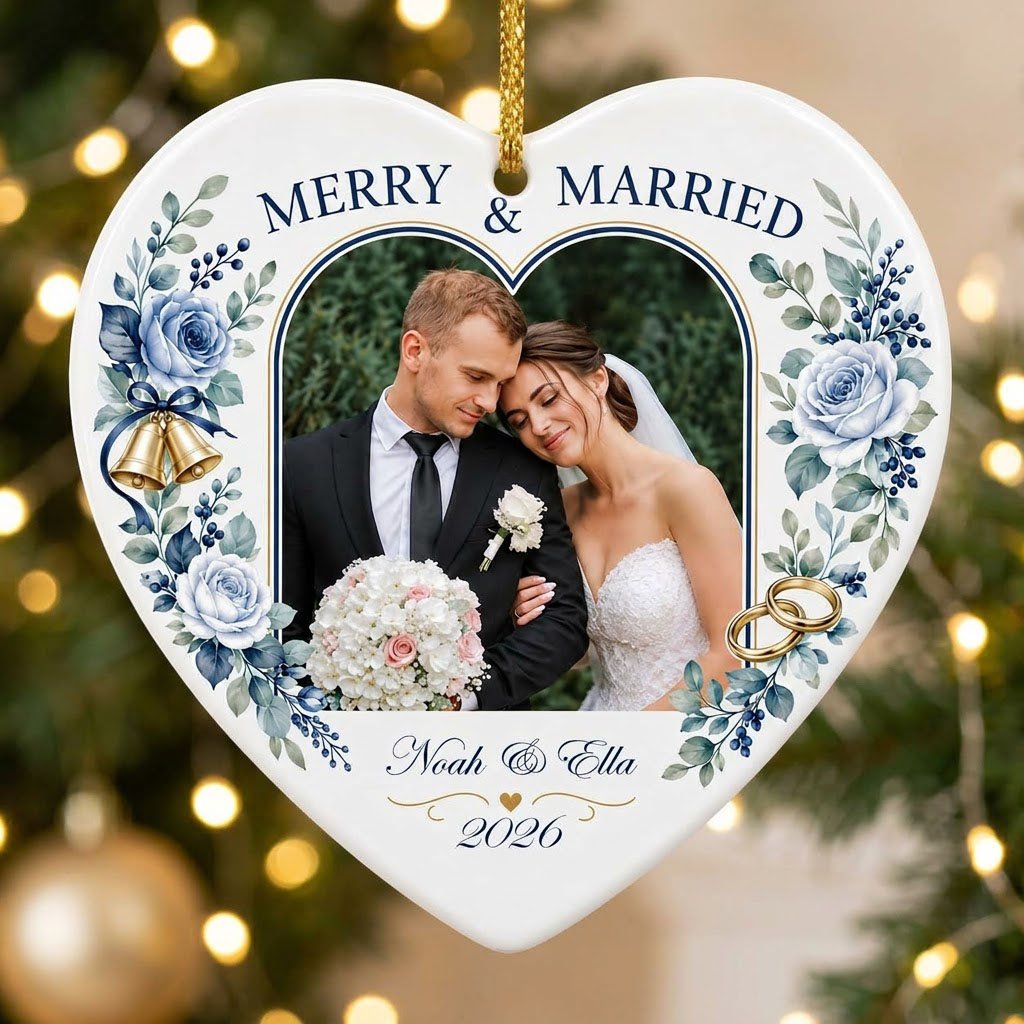 Heart ceramic ornament with “MERRY & MARRIED,” dusty blue florals, wedding bells, rings, and a heart-shaped photo frame.