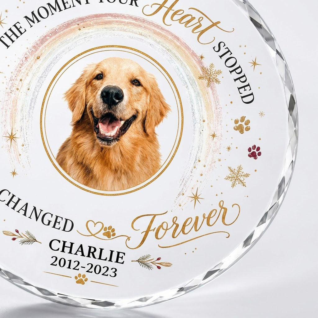Personalized Dog Memorial Photo The Moment Your Heart Stopped Round Glass Ornament