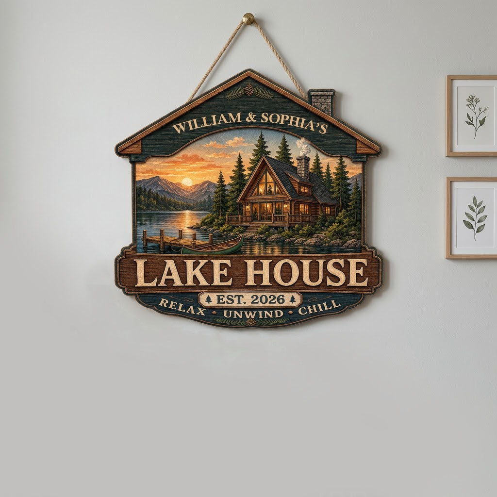 Personalized Lake House Cabin Roof Sunset Wooden Hanging Sign