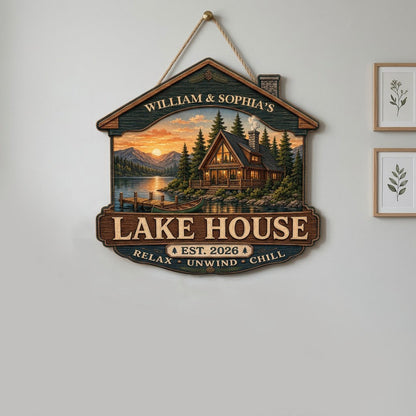 Personalized Lake House Cabin Roof Sunset Wooden Hanging Sign