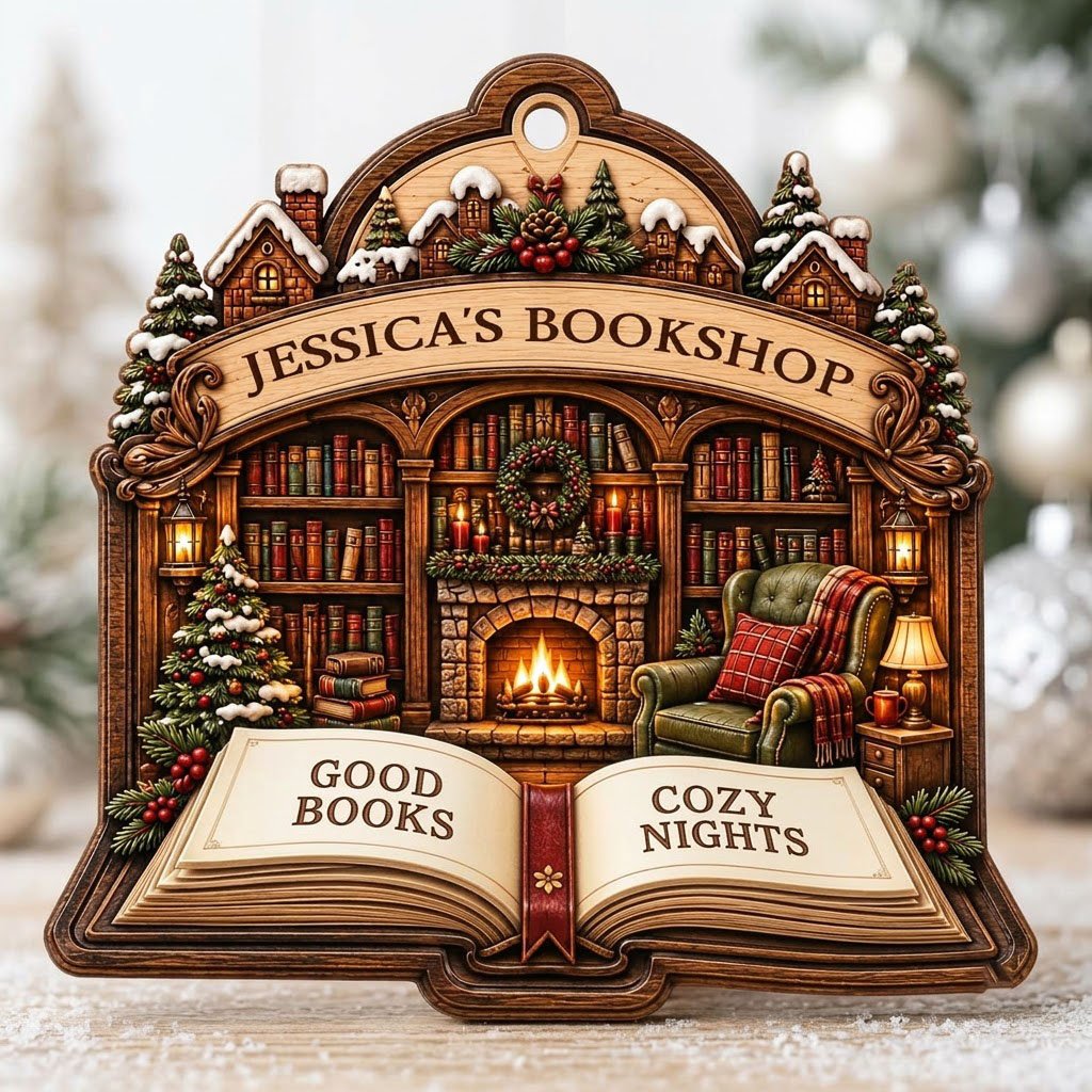 Custom-cut wood ornament with arched loop and open book base, cozy bookshop scene with tree, fireplace, armchair.
