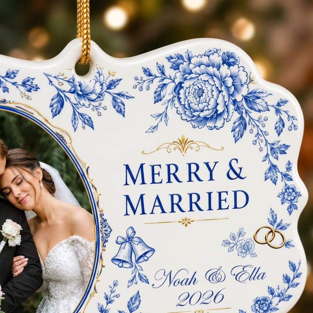 Scalloped ceramic ornament with blue floral border, 'MERRY & MARRIED', gold rings and bells, and a couple photo frame.