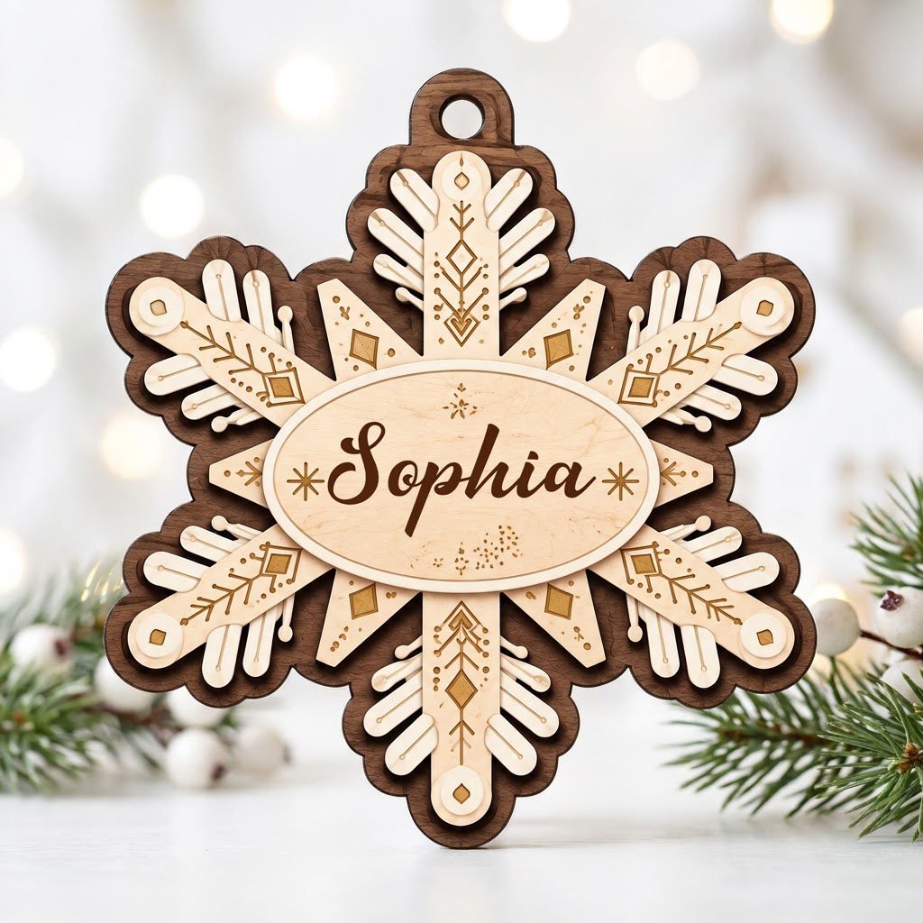 Layered wood snowflake ornament with geometric engravings and a central oval name plate for a custom name.