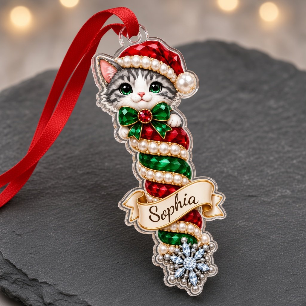 Acrylic ornament with cat, dog, owl, bunny or fox atop spiral columns and a cream-gold scroll banner for a name.