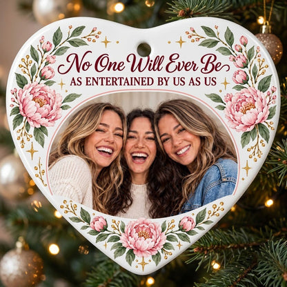 Heart ceramic ornament with a heart-shaped photo of three women, pink peonies, green leaves, and gold sparkles around th