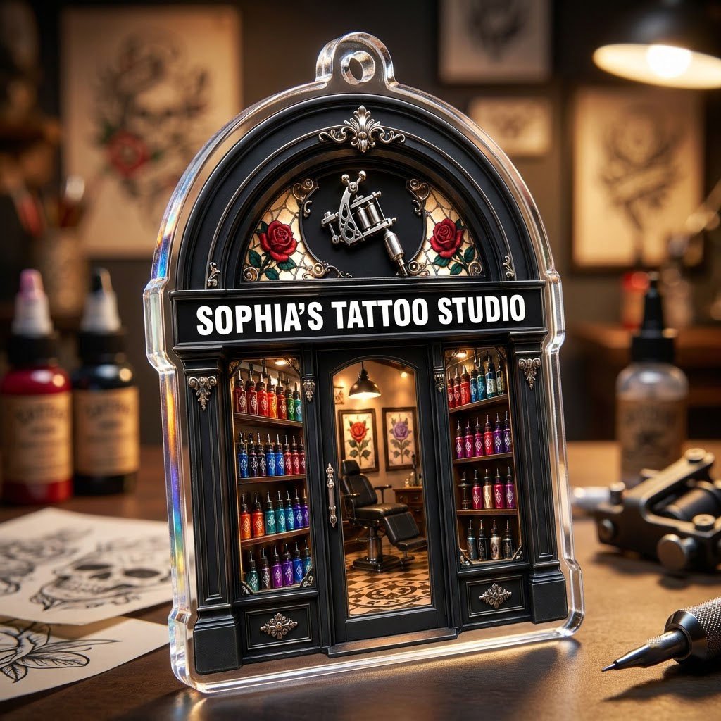 Arched black storefront tattoo ornament with silver machine, stained-glass roses, ink bottles, and a 'TATTOO STUDIO' sig