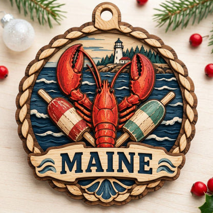 Red lobster with red-white and green-white buoys, ocean waves, rocky shore, pine trees, and a white lighthouse inside a 