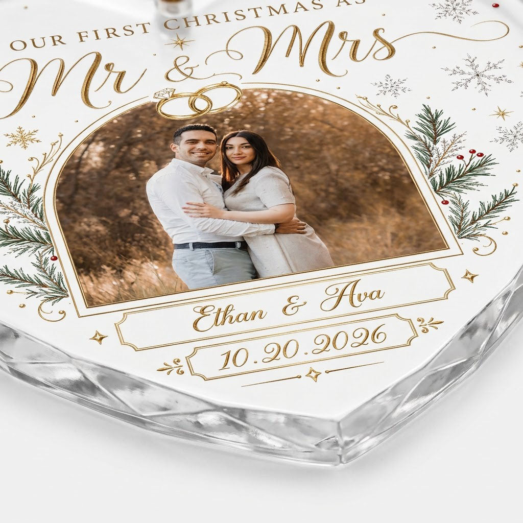 Heart-shaped glass ornament with photo, gold wedding rings, pine branches, snowflakes, and Mr & Mrs text.