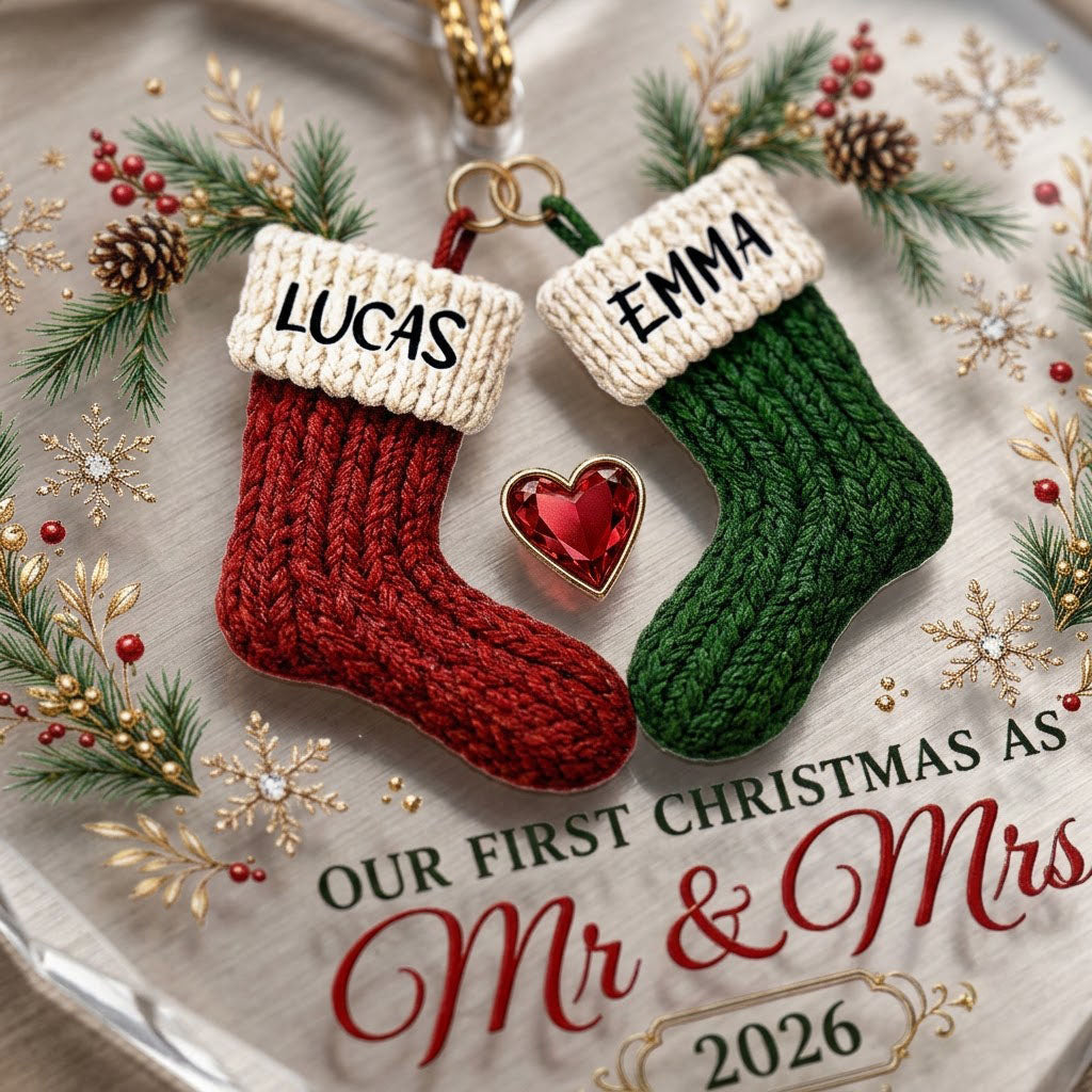 Heart-shaped glass ornament with red and green stockings hanging from gold rings and a red gemstone heart