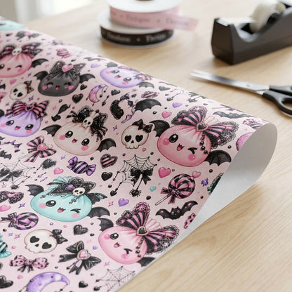 Pastel goth Halloween wrapping paper with cute bat-winged characters, skulls, moons, bows and candies.