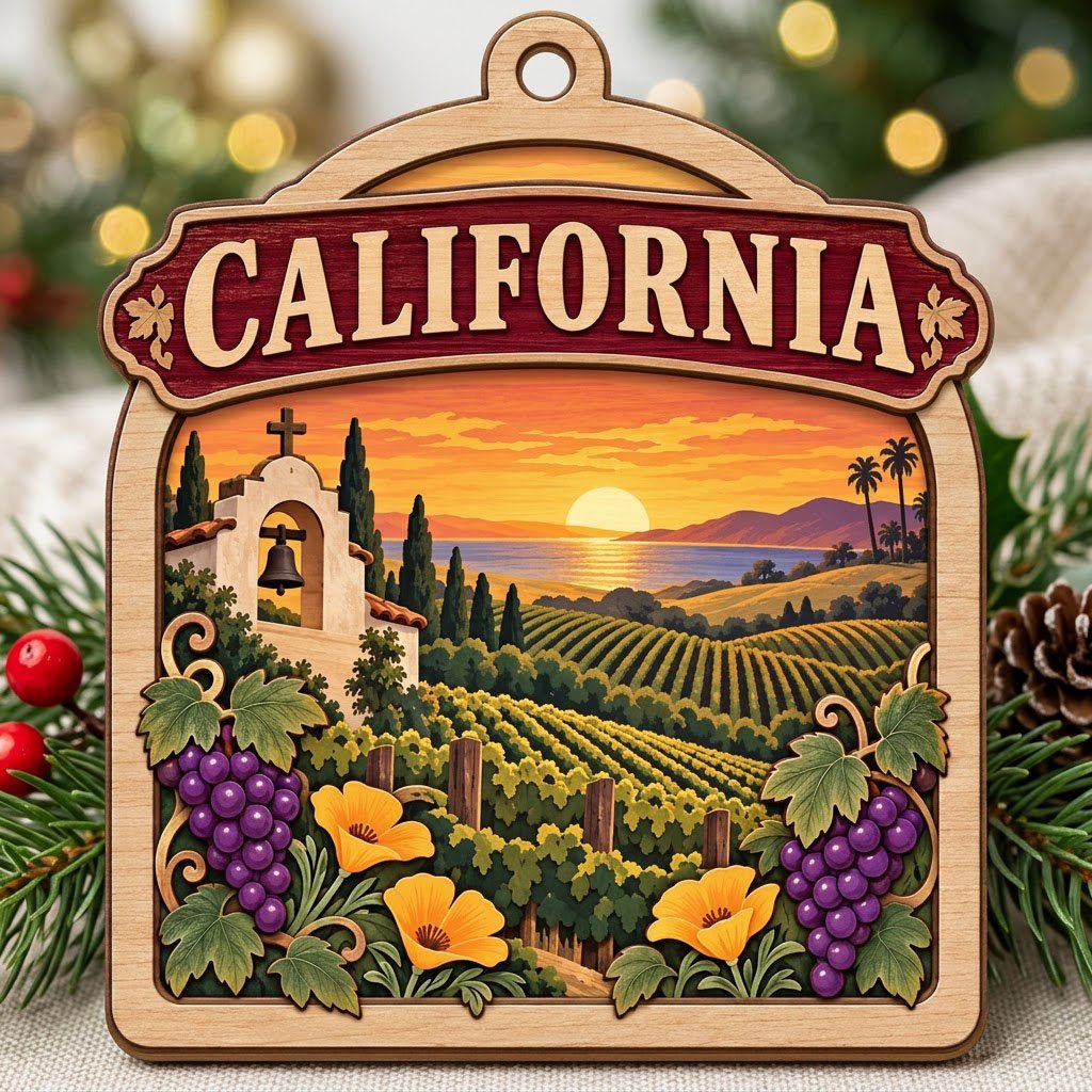 Wood ornament with red banner, California mission, vineyards, poppies, grapes, palms, mountains, and ocean sunset.
