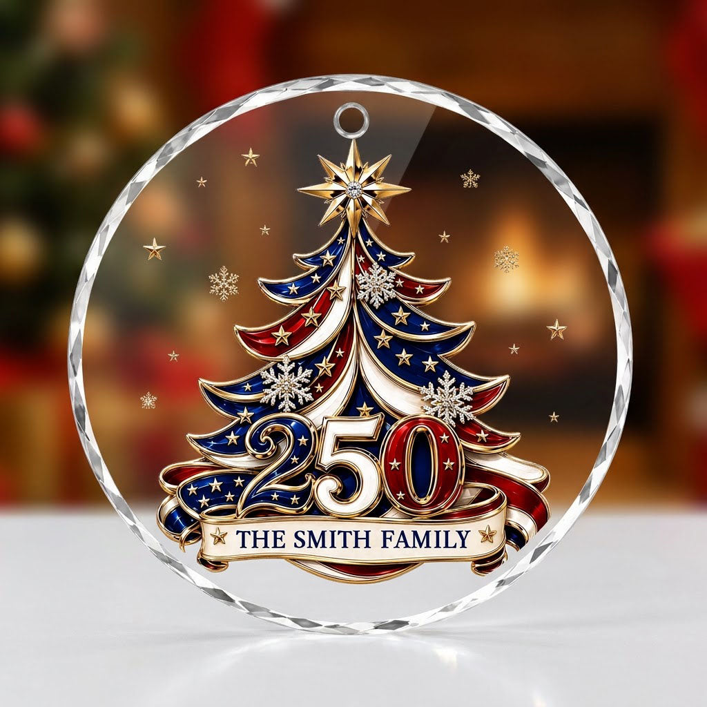 Personalized 250th Anniversary Patriotic Christmas Tree Round Glass Ornament