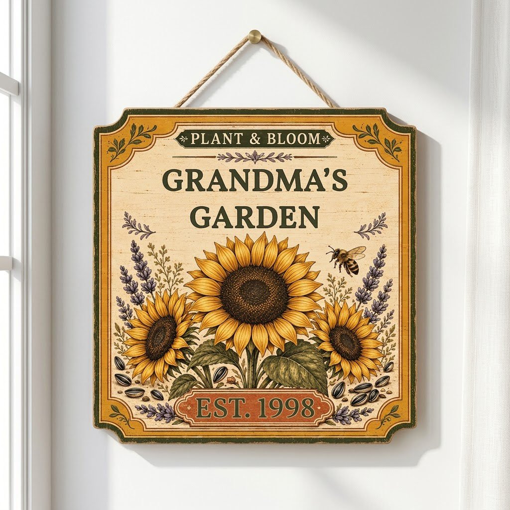Square bracketed wooden sign with three sunflowers, lavender, a honeybee, and “Plant & Bloom” and “Grandma’s Garden” tex