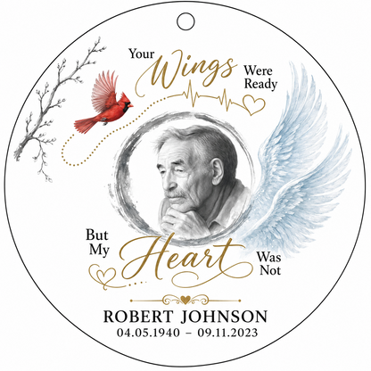 Round glass ornament with a sketch portrait frame, blue angel wing, red cardinal and 'Your Wings Were Ready' memorial te