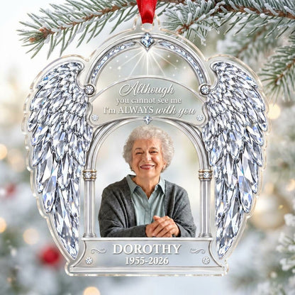 Acrylic memorial ornament with crystal angel wings, arched photo frame and wood-grain name and date banners.