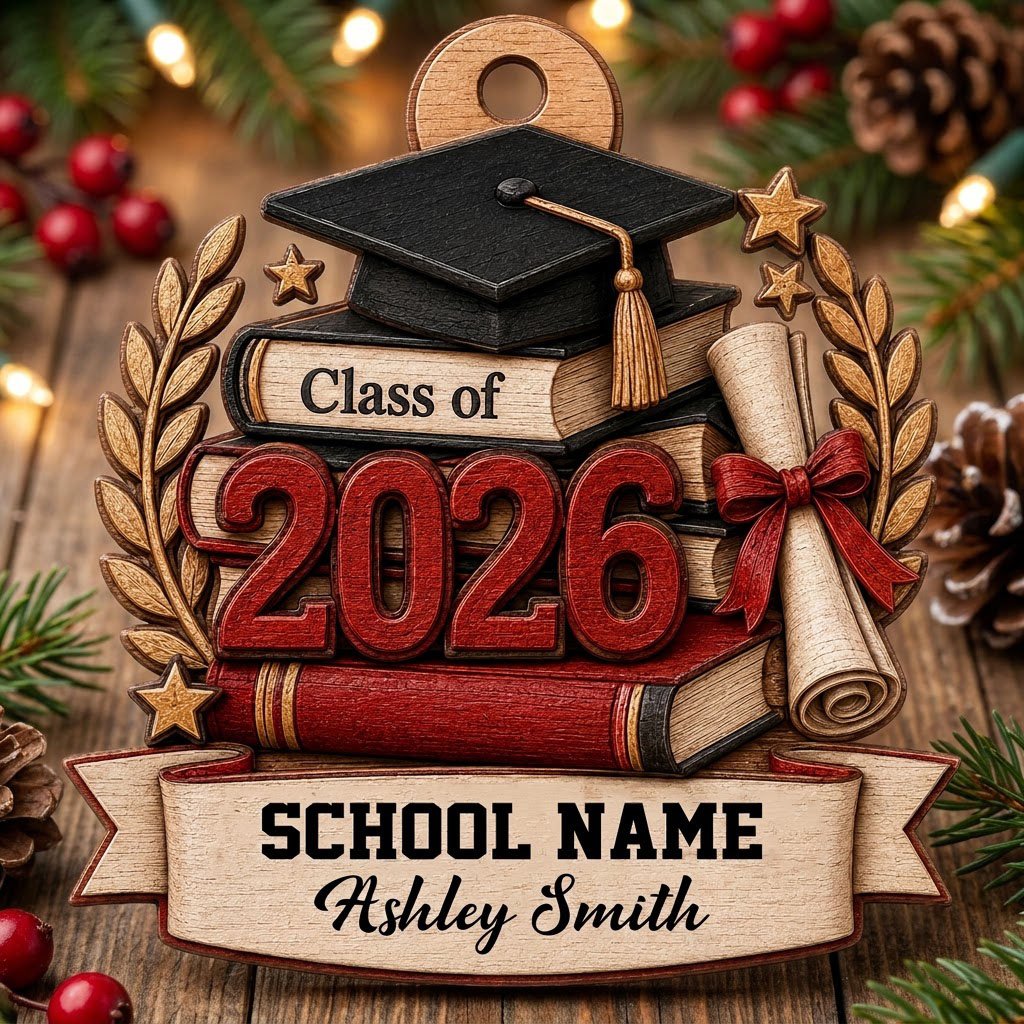 Graduation cap with gold tassel atop books, large 2026 numbers, a red-tied diploma, laurel leaves, stars, and a bottom b