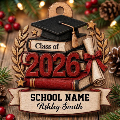 Graduation cap with gold tassel atop books, large 2026 numbers, a red-tied diploma, laurel leaves, stars, and a bottom b