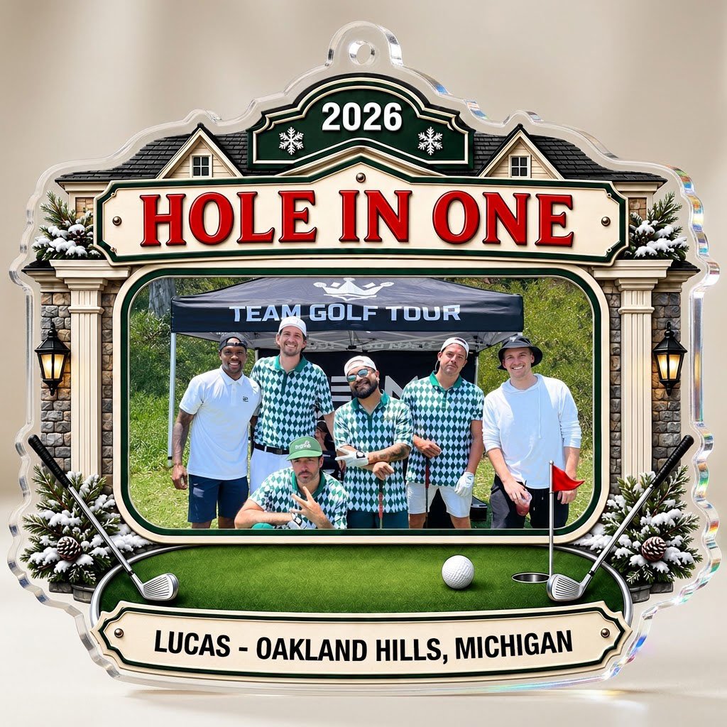 Clubhouse-shaped acrylic ornament with golf photo frame, lanterns, crossed clubs, red flag and a personalized name plaqu