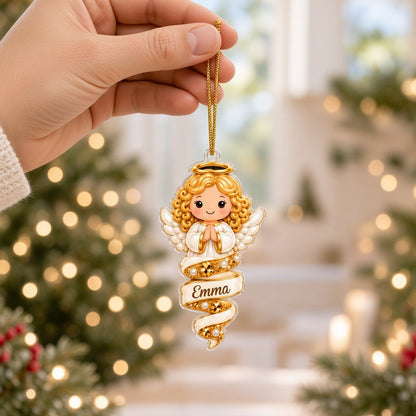 Custom-cut acrylic ornament with polar bear or Mrs. Claus atop a jeweled spiral ribbon and a name scroll banner.