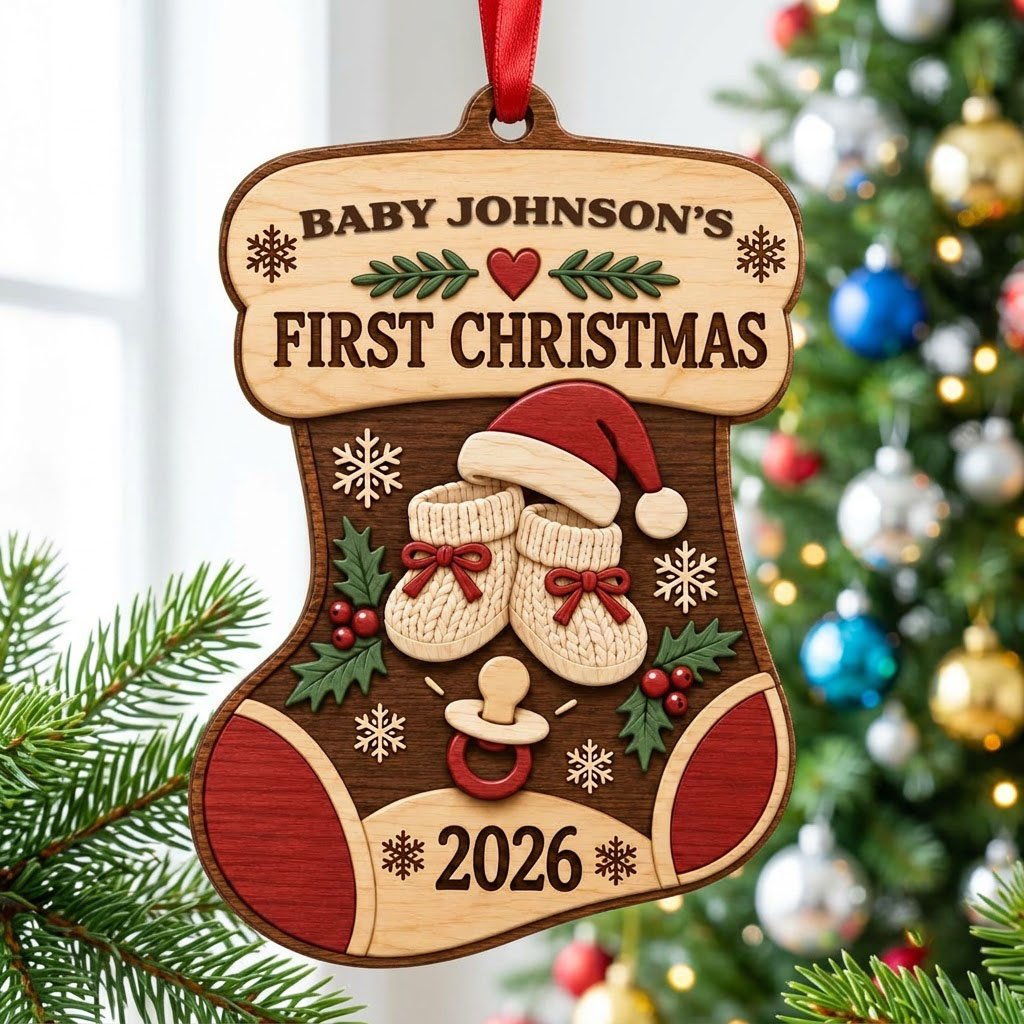 Stocking-shaped wood ornament with baby booties, Santa hat, holly, snowflakes, and FIRST CHRISTMAS text.