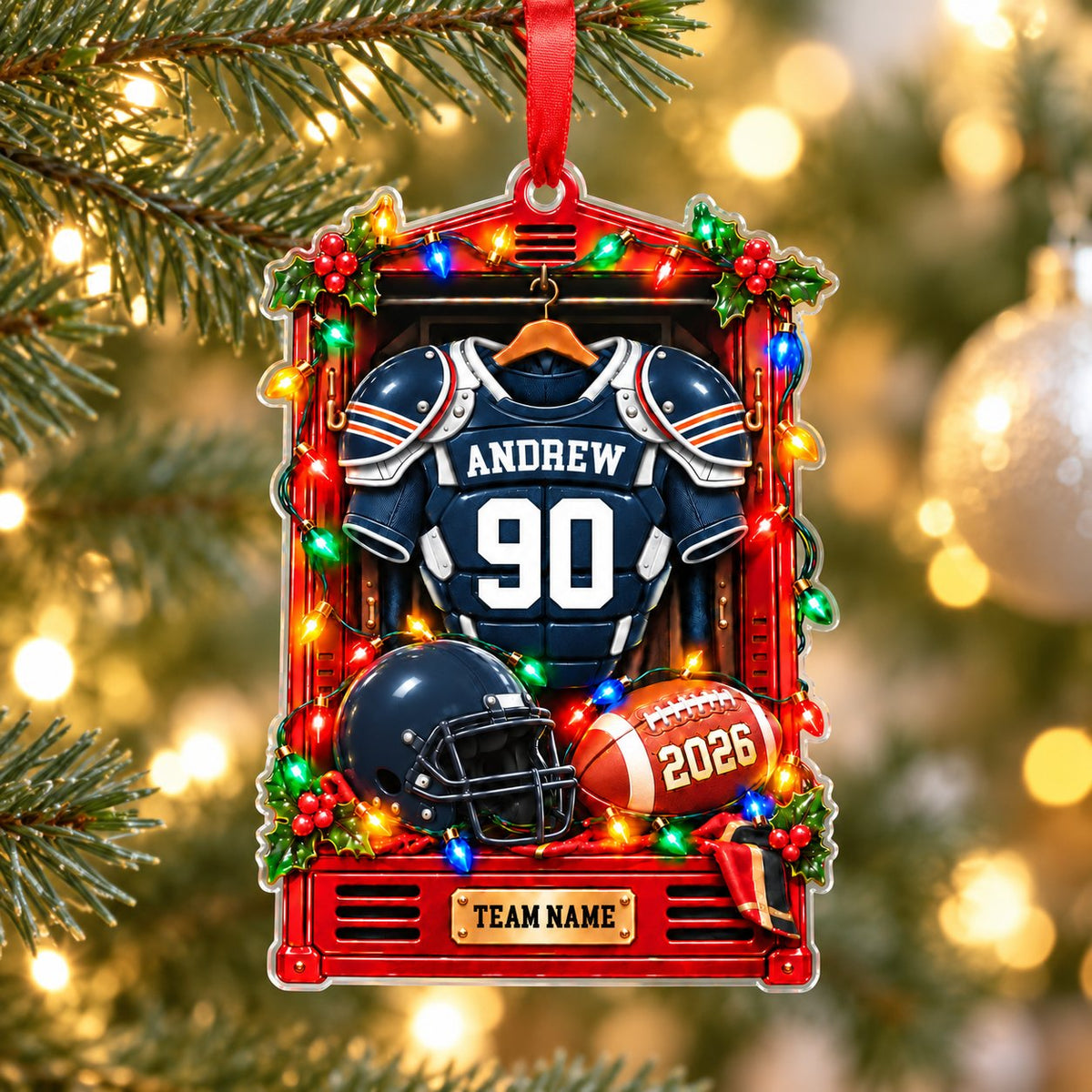 A red sports locker ornament with a football jersey, helmet, ball, holly, and Christmas lights on a custom-cut acrylic s
